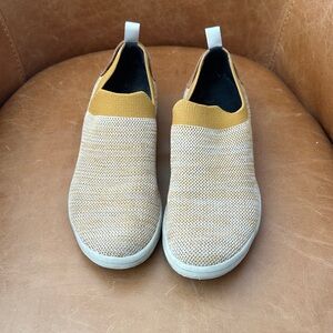 Merrell Slip-On Knit Flats in Mustard and Beige
